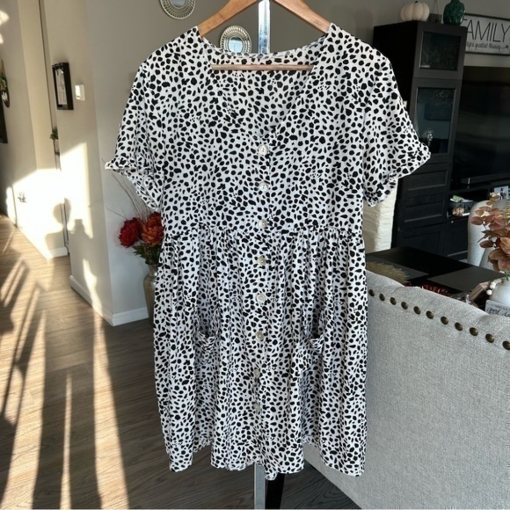💋SHEIN Animal print black white baby doll dress 👗 shirt 👚 top M - Picture 4 of 8